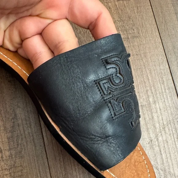 Tory Burch Black Leather Slide Sandals with Tan Footbed - Picture 7 of 13